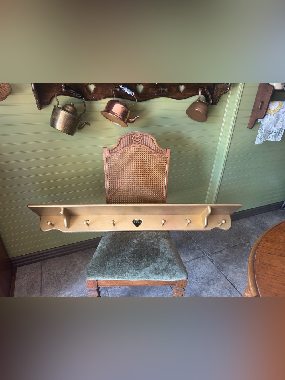 Vintage 1980s Wooden Heart Wall Shelf Coat Rack with Heart Accent in Gold